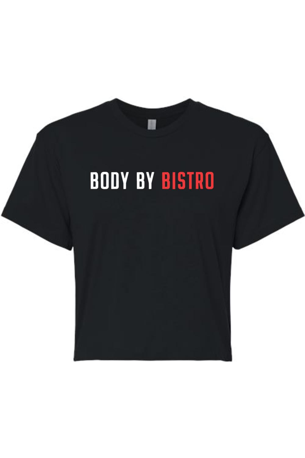 Black cropped cotton-blend t-shirt featuring white and red Body by Bistro text graphic on the chest.