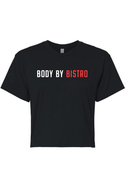 Black cropped cotton-blend t-shirt featuring white and red Body by Bistro text graphic on the chest.
