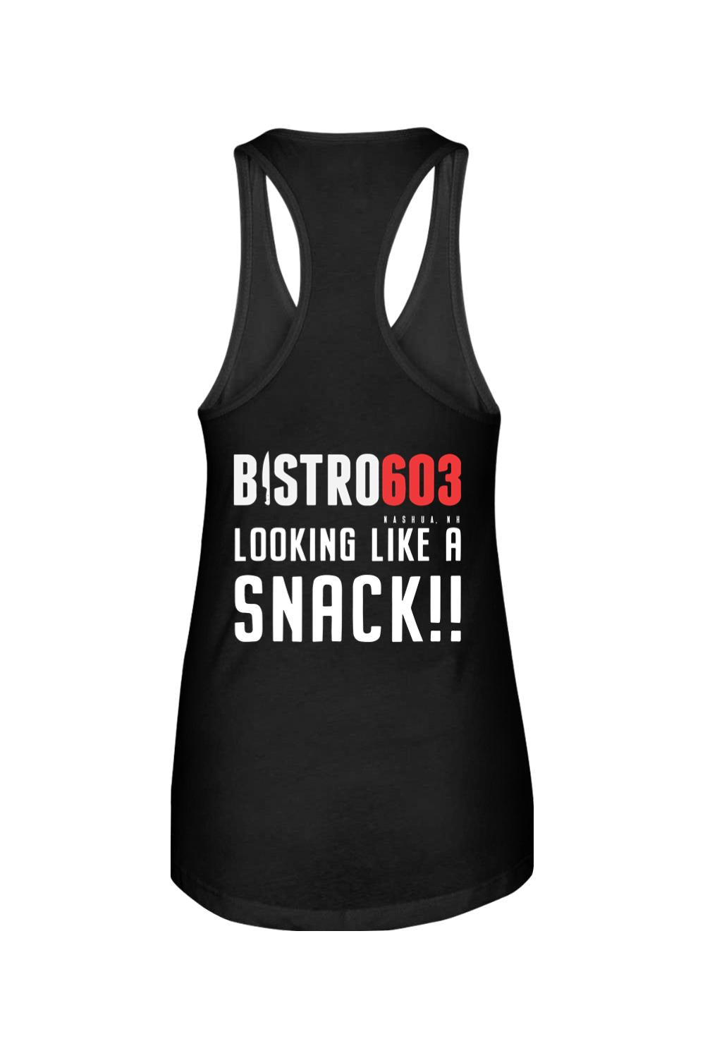 Black cotton-blend racerback tank top with white and red Bistro603 Looking Like a Snack graphic print.