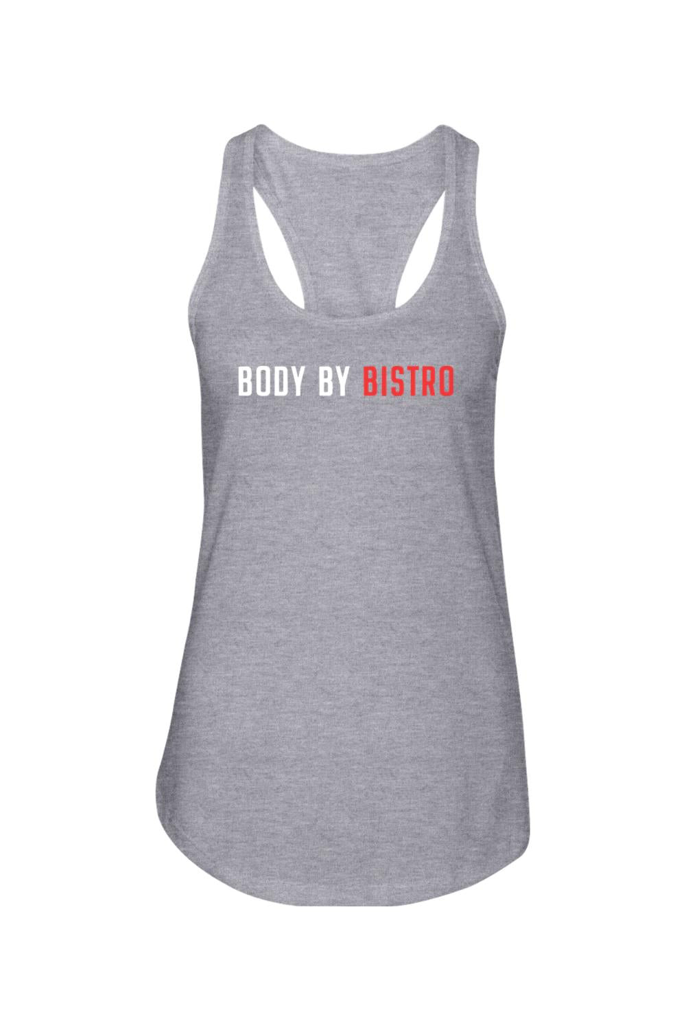 Grey heather racerback tank top with Body by Bistro text in white and red on the chest.