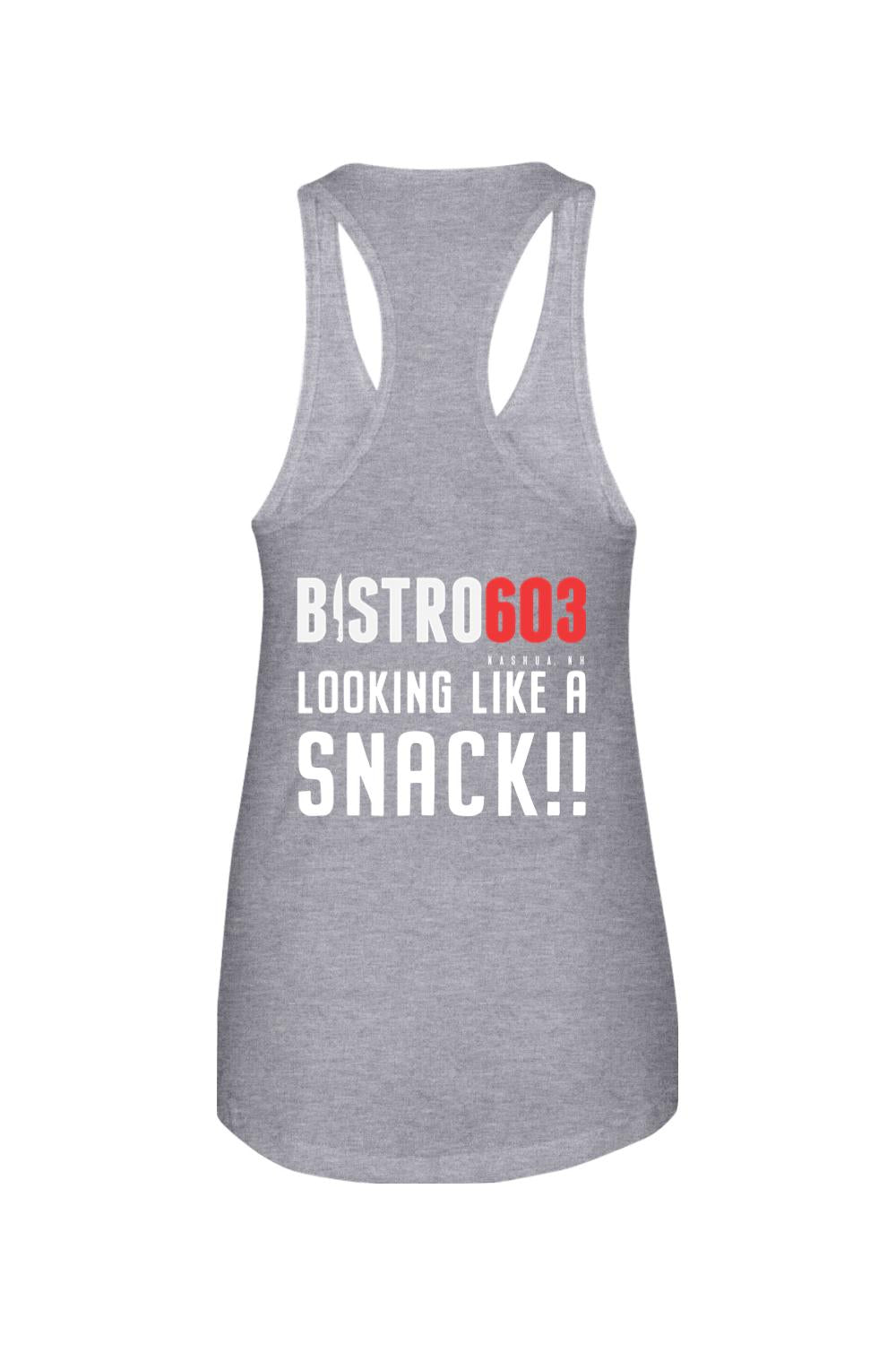 Grey heather cotton-blend women's racerback tank top with Bistro603 Looking Like a Snack graphic print.