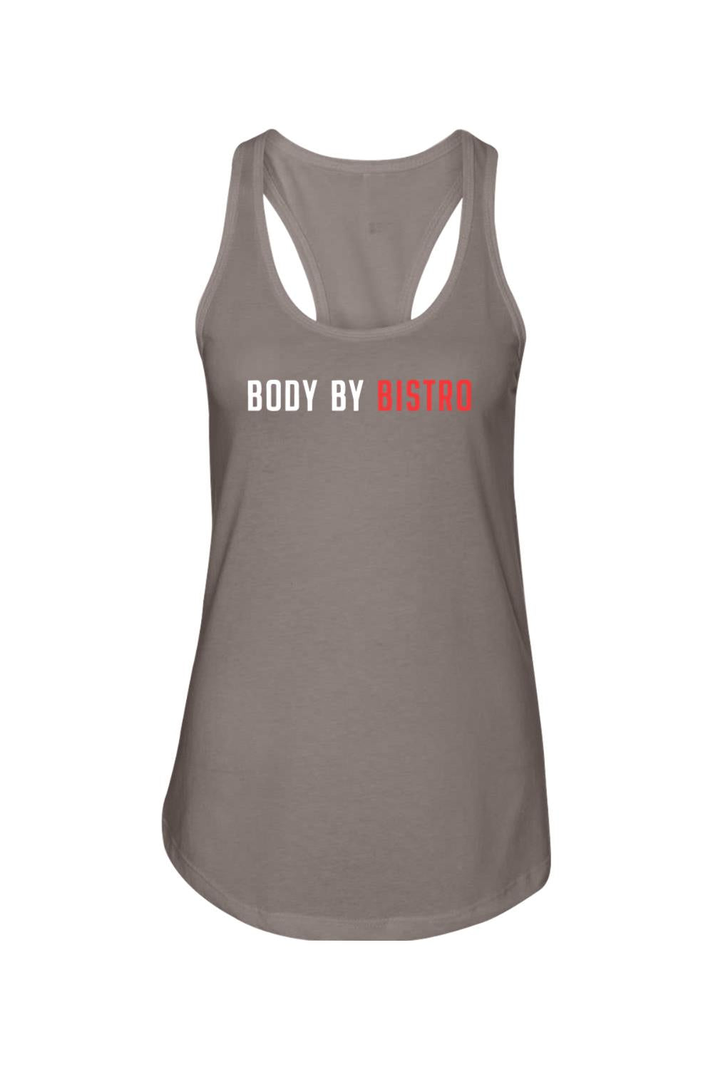 Grey cotton-blend racerback tank top featuring Body by Bistro branding in white and red text.