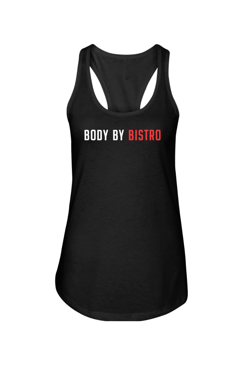 Black cotton-blend women's racerback tank top featuring Body by Bistro text in white and red lettering.