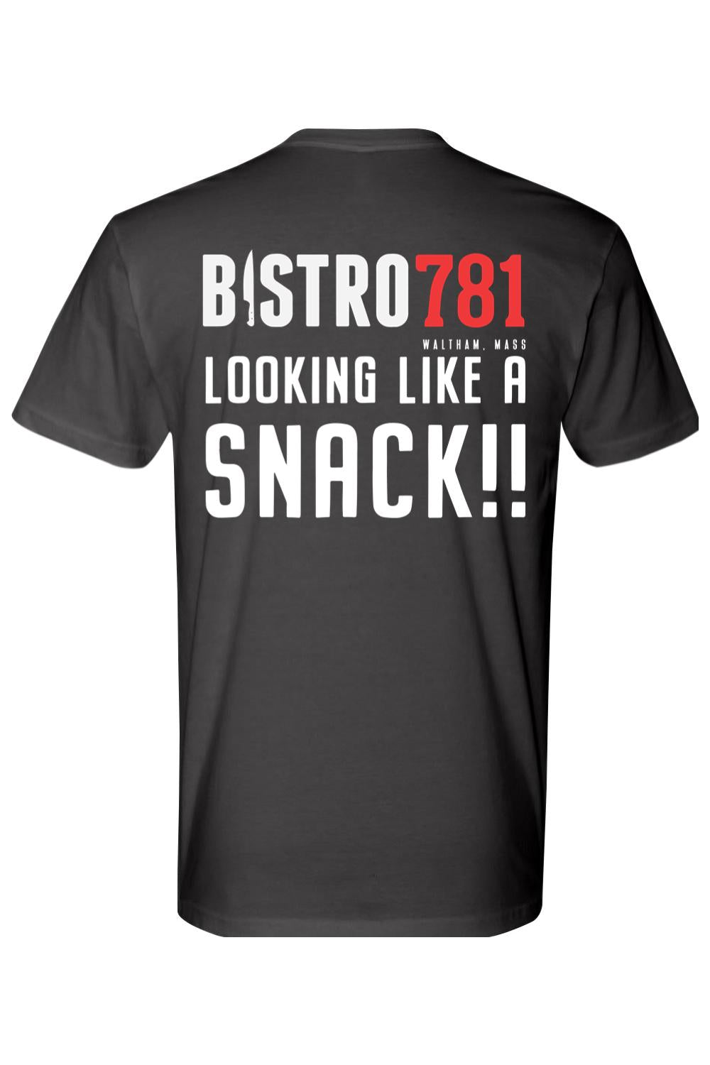 Black cotton t-shirt featuring the white and red Bistro781 logo and Looking Like A Snack text on the back.