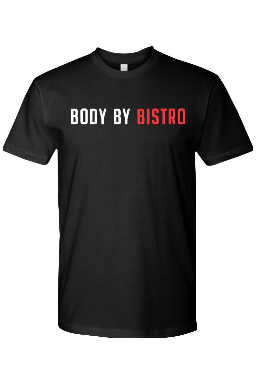 Black short-sleeve cotton crewneck t-shirt featuring Body by Bistro text in white and red lettering.