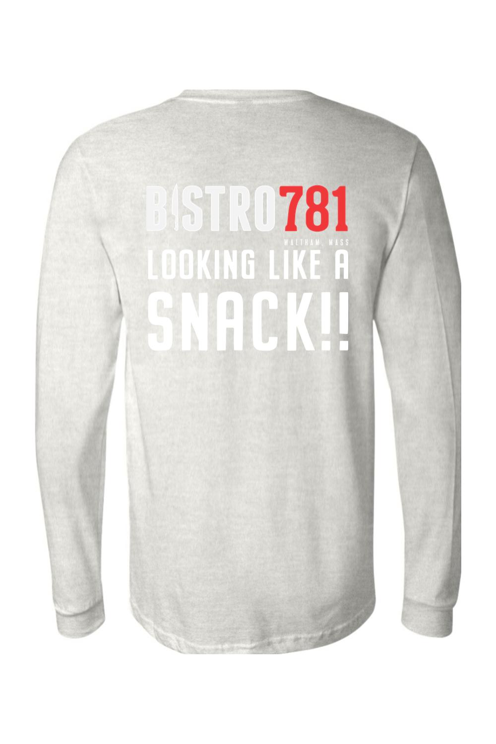 Light grey long-sleeve cotton jersey tee featuring Bistro781 Looking Like a Snack graphic on the back.