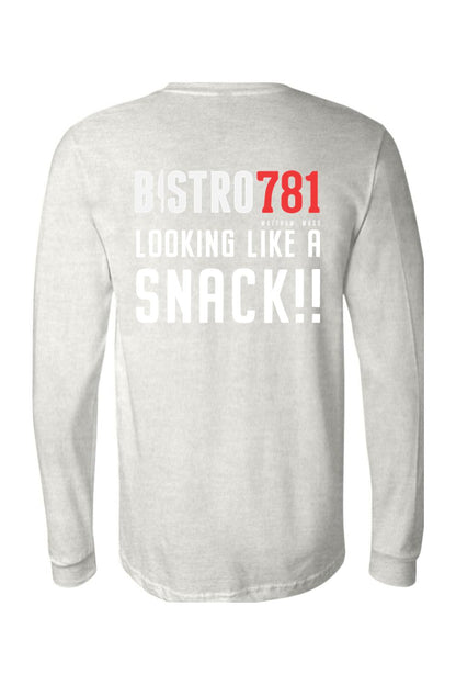 Light grey long-sleeve cotton jersey tee featuring Bistro781 Looking Like a Snack graphic on the back.