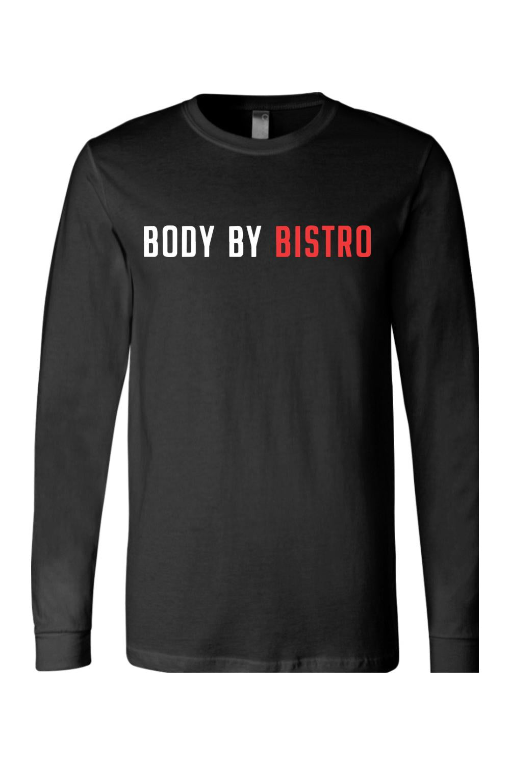 Black long-sleeve cotton jersey tee featuring Body by Bistro text in white and red lettering on the chest.