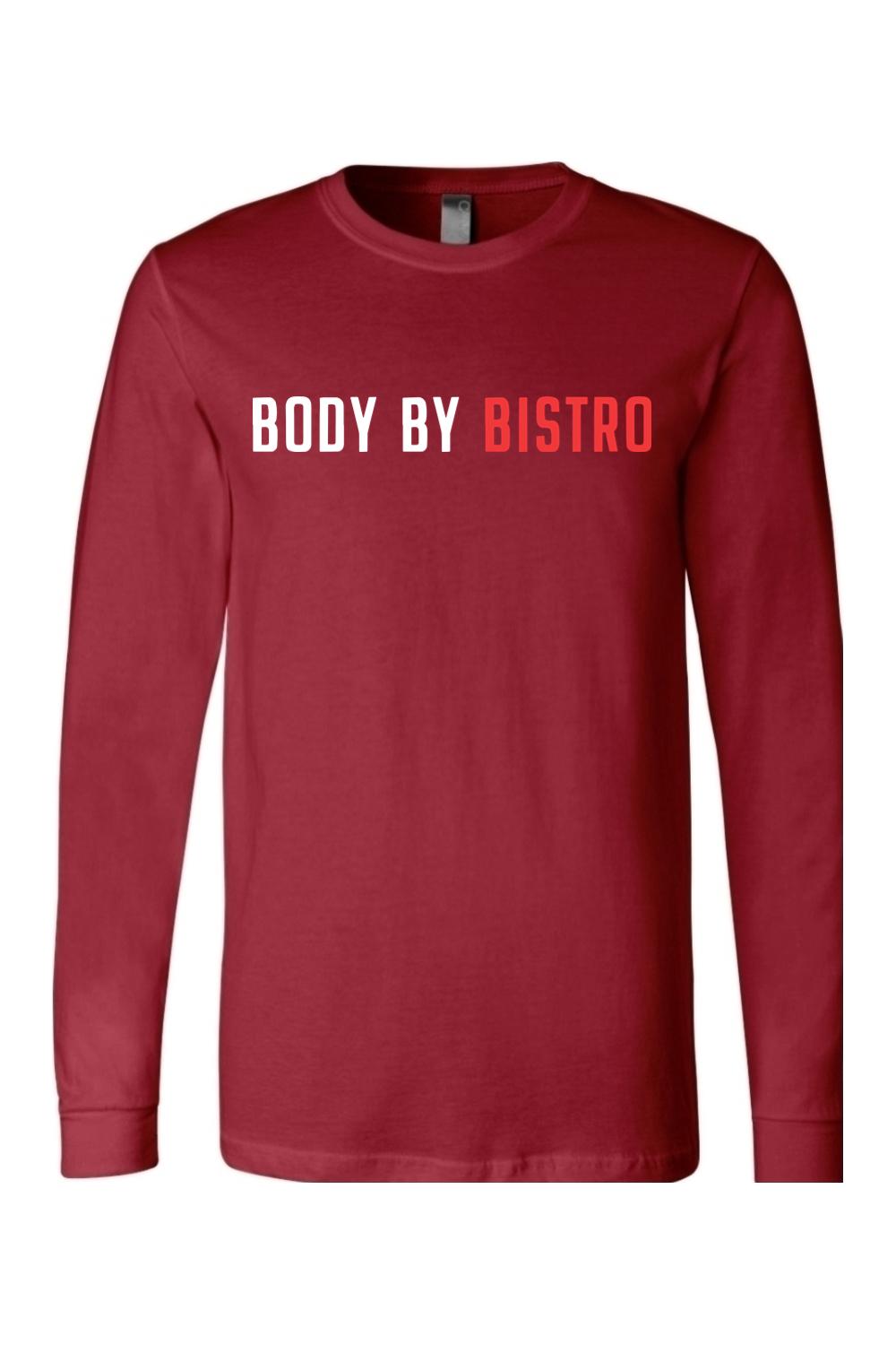 Maroon long-sleeve cotton jersey tee featuring Body by Bistro text in white and red on the chest.