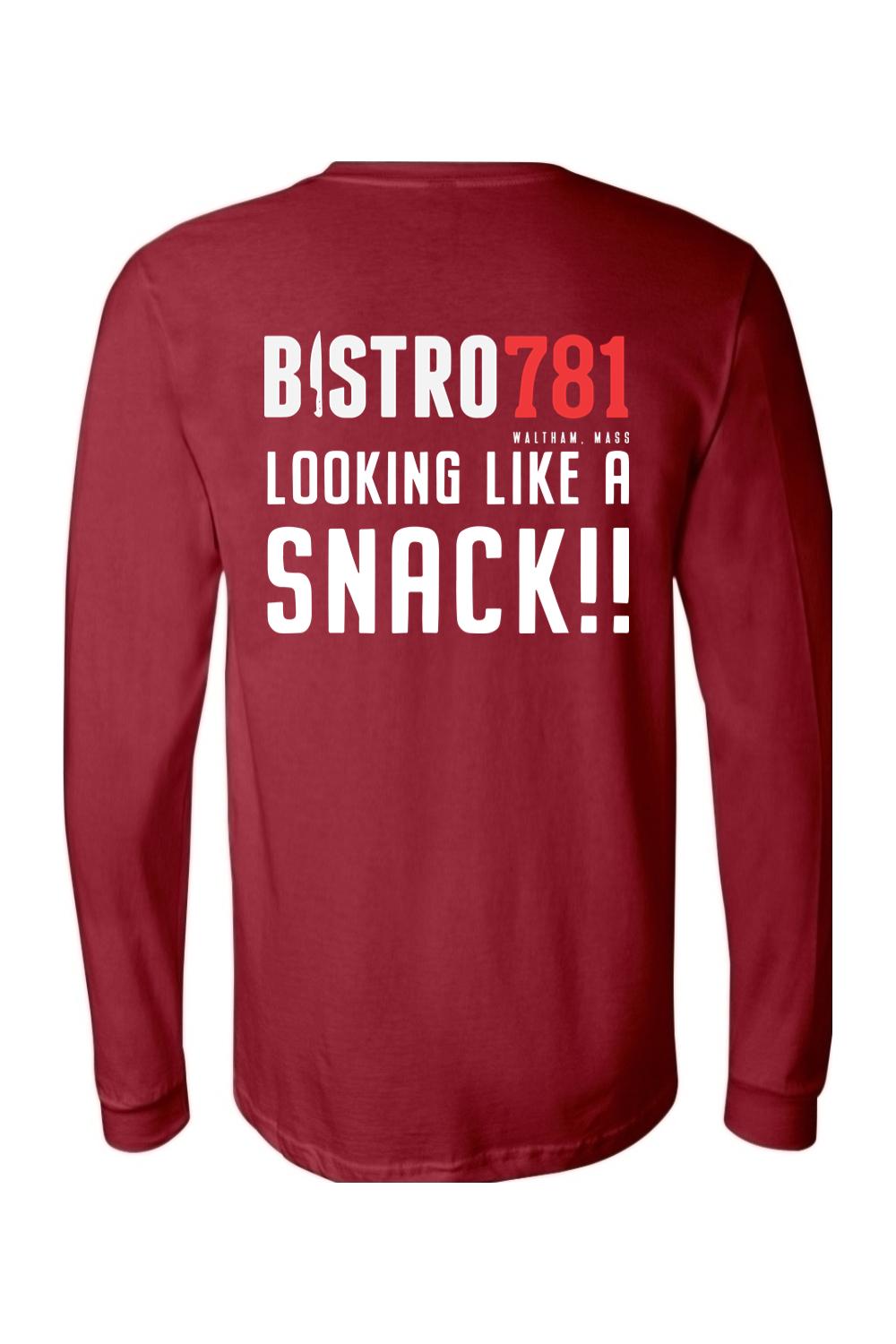 Maroon long-sleeve cotton jersey tee featuring white Bistro781 Looking Like A Snack graphic on the back.