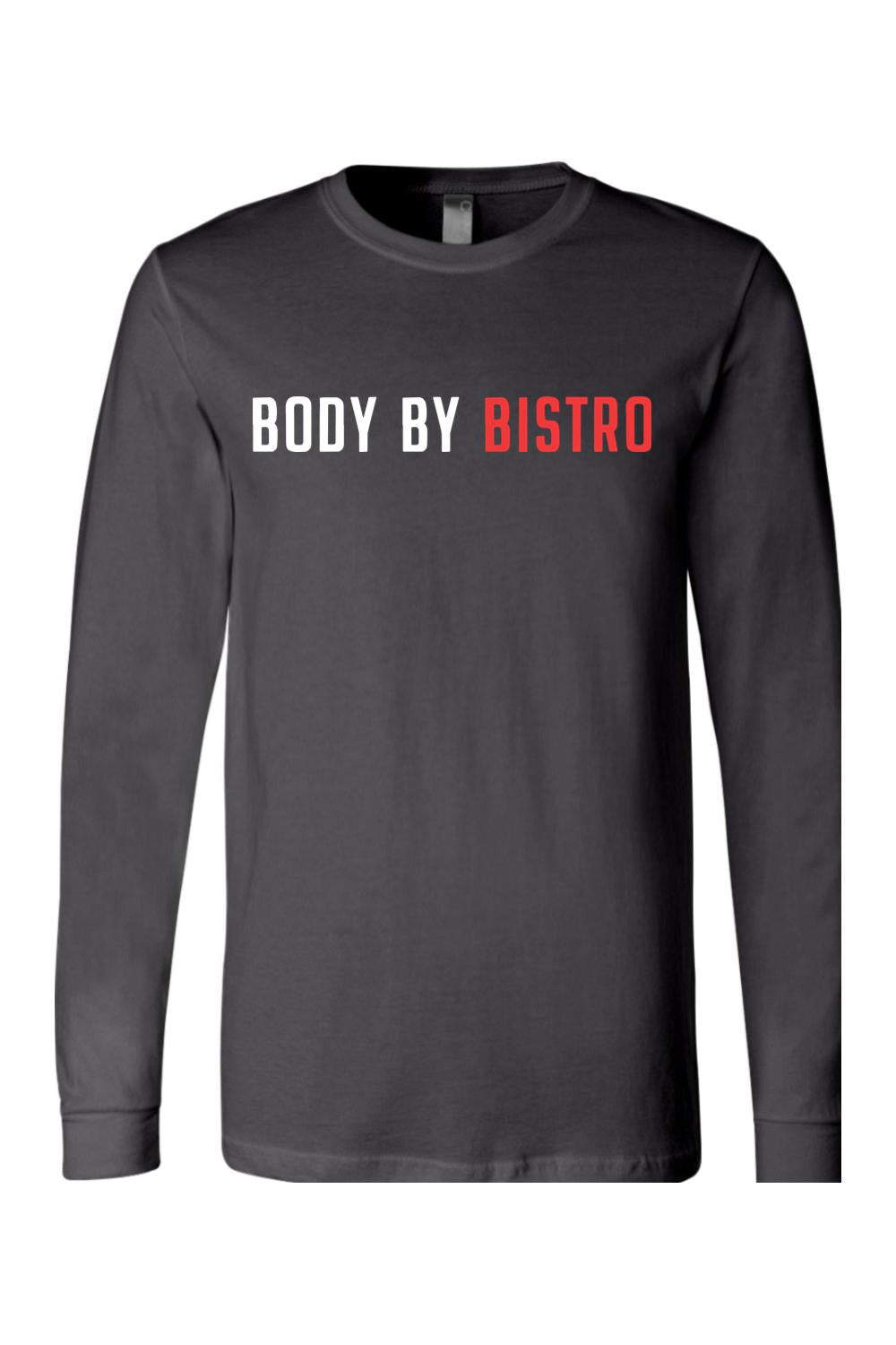 Charcoal grey long-sleeve cotton jersey tee with Body by Bistro text in white and red on the chest.
