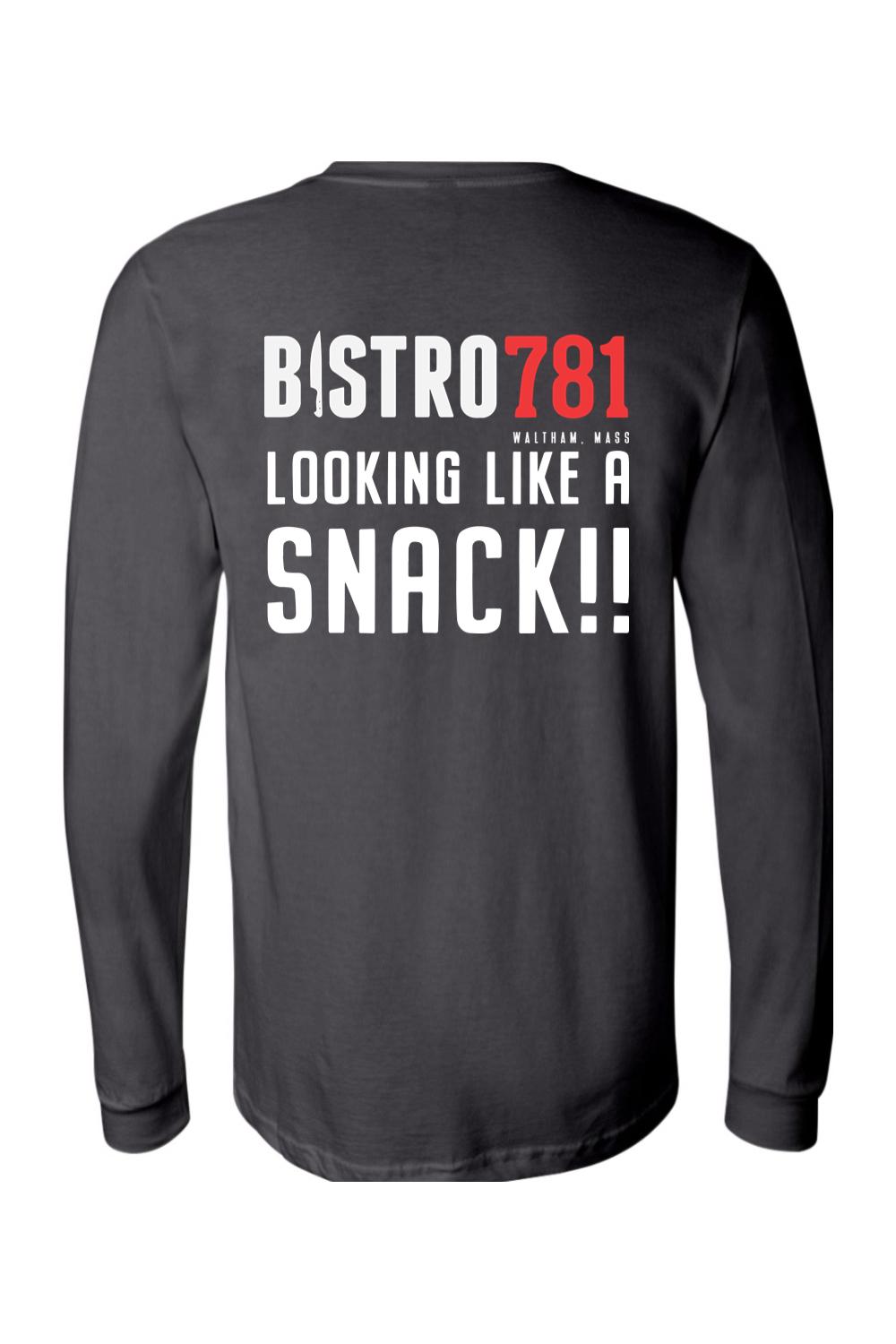 Charcoal grey 100% cotton long sleeve tee featuring Bistro781 Looking Like A Snack graphic print on the back.
