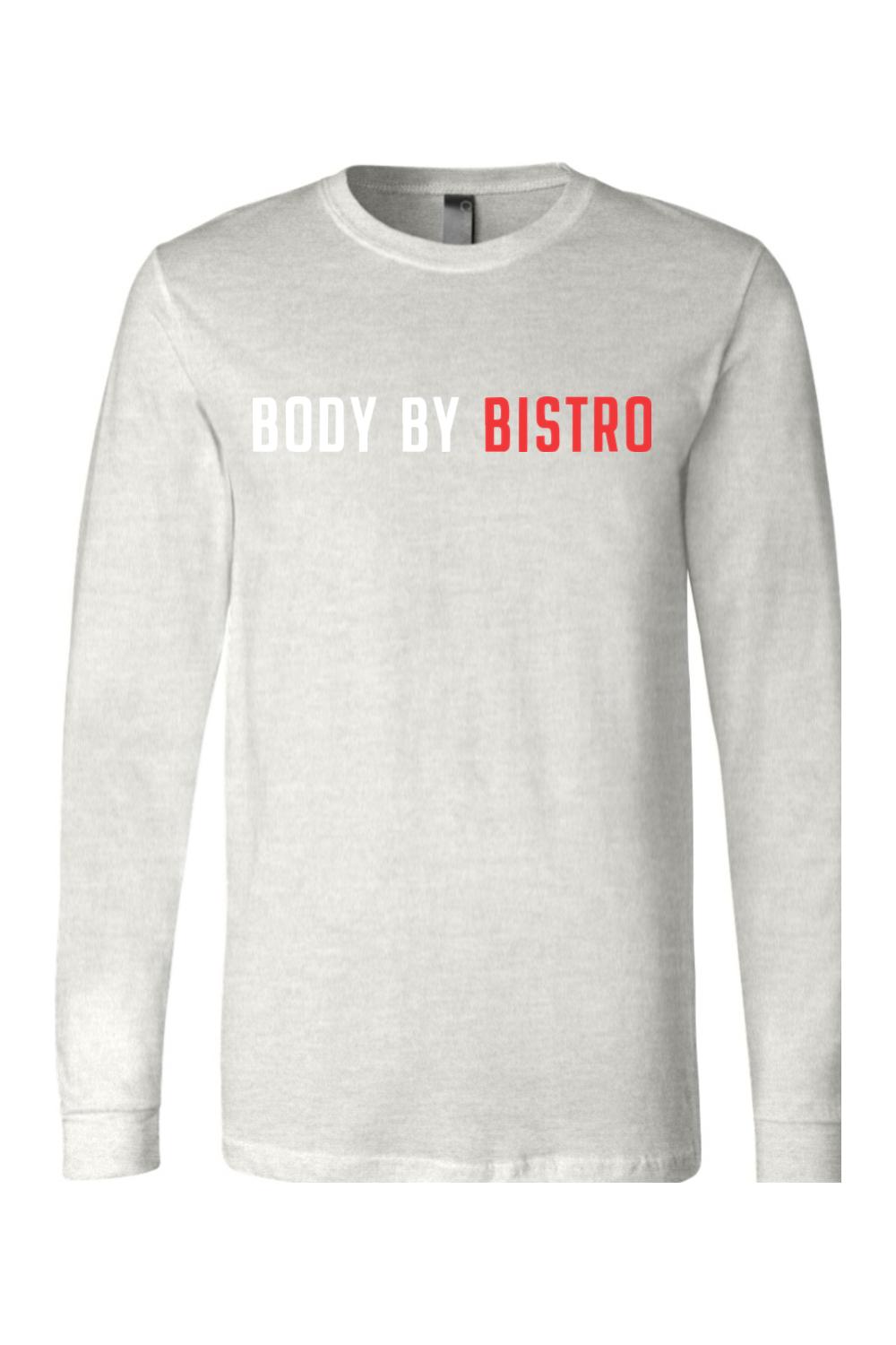 Light gray long-sleeve cotton jersey tee featuring Body by Bistro text in white and red on the chest.