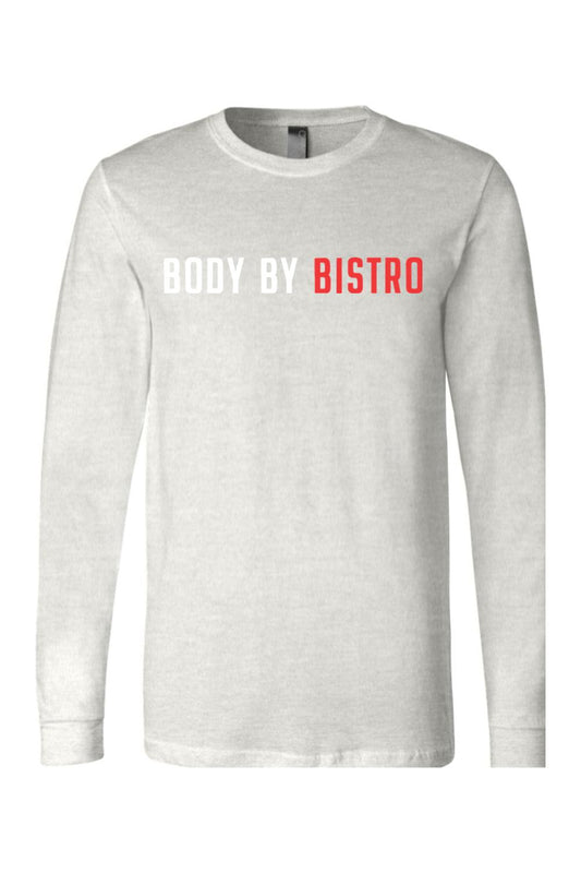 Light gray long-sleeve cotton jersey tee featuring Body by Bistro text in white and red on the chest.