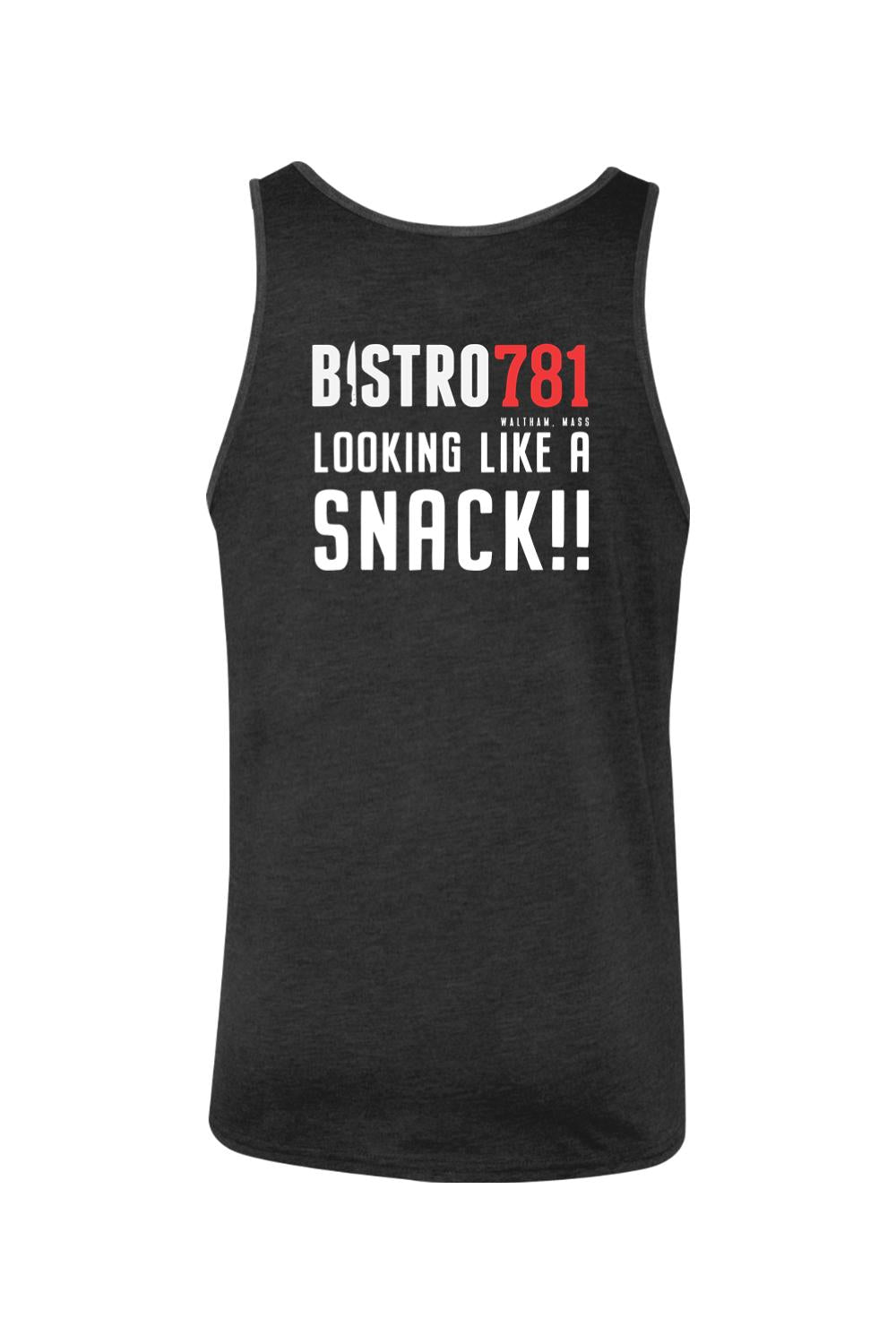 Black cotton jersey tank top featuring white and red Bistro781 Looking Like a Snack graphic print.