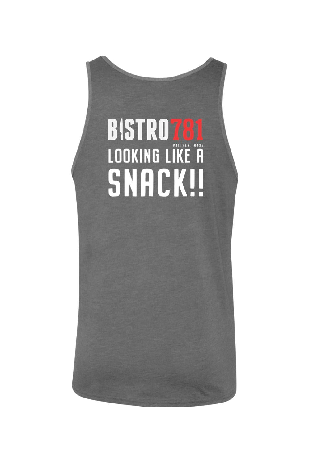Dark grey cotton jersey tank top featuring Bistro781 Looking Like A Snack graphic in white and red text.