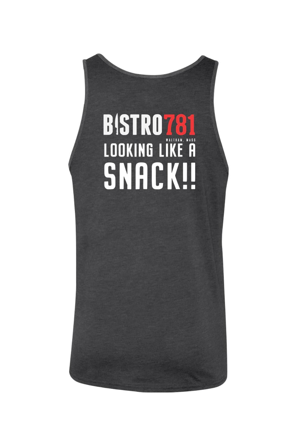 Charcoal grey jersey tank top with white and red Bistro781 Looking Like a Snack graphic print.