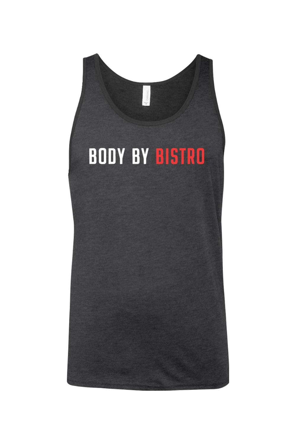 Charcoal grey cotton jersey tank top with Body by Bistro graphic in white and red lettering.