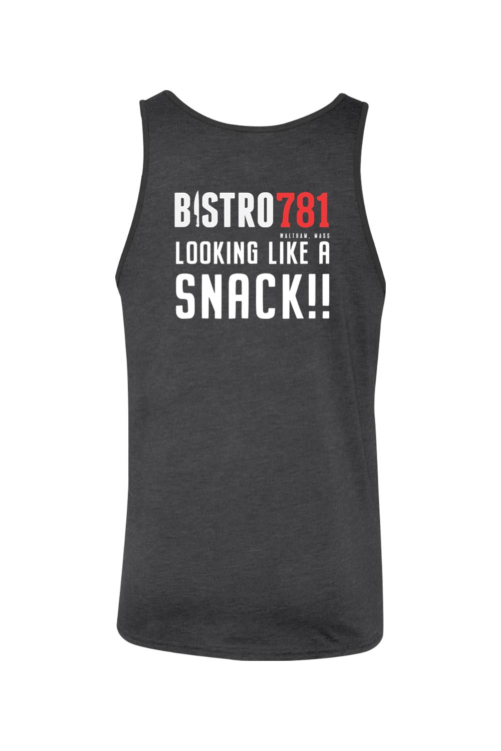 Charcoal grey cotton jersey tank top featuring Bistro781 Looking Like A Snack graphic in white and red text.