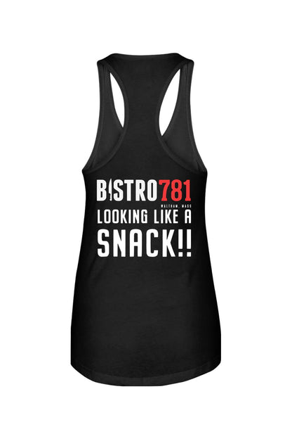 Black women's racerback tank top with white and red Bistro781 Looking Like A Snack graphic print.