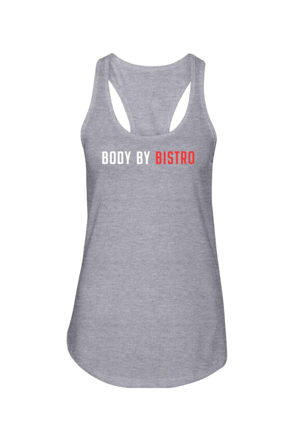 Grey racerback tank top with Body by Bistro logo in white and red text, made from soft cotton-poly blend fabric.