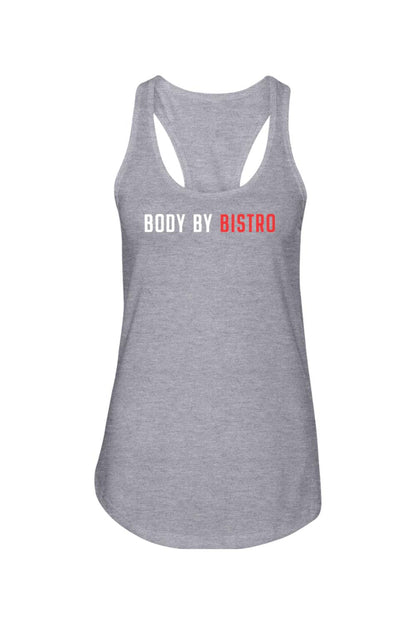 Grey racerback tank top with Body by Bistro logo in white and red text, made from soft cotton-poly blend fabric.