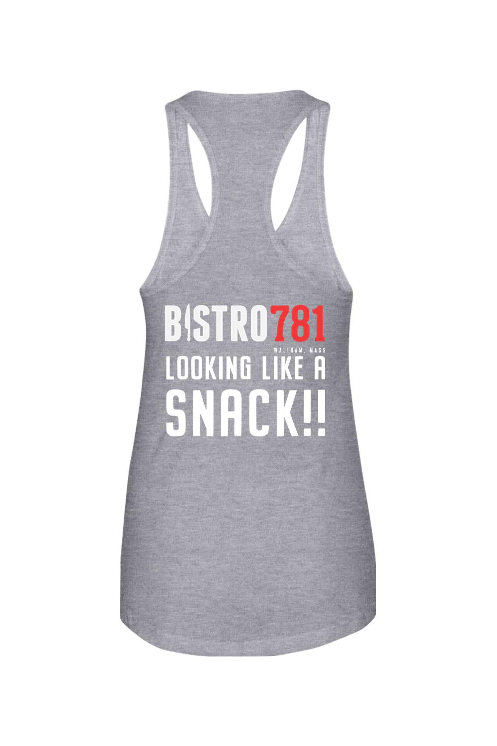 Grey cotton-blend women's racerback tank top featuring the Bistro781 Looking Like a Snack graphic on the back.