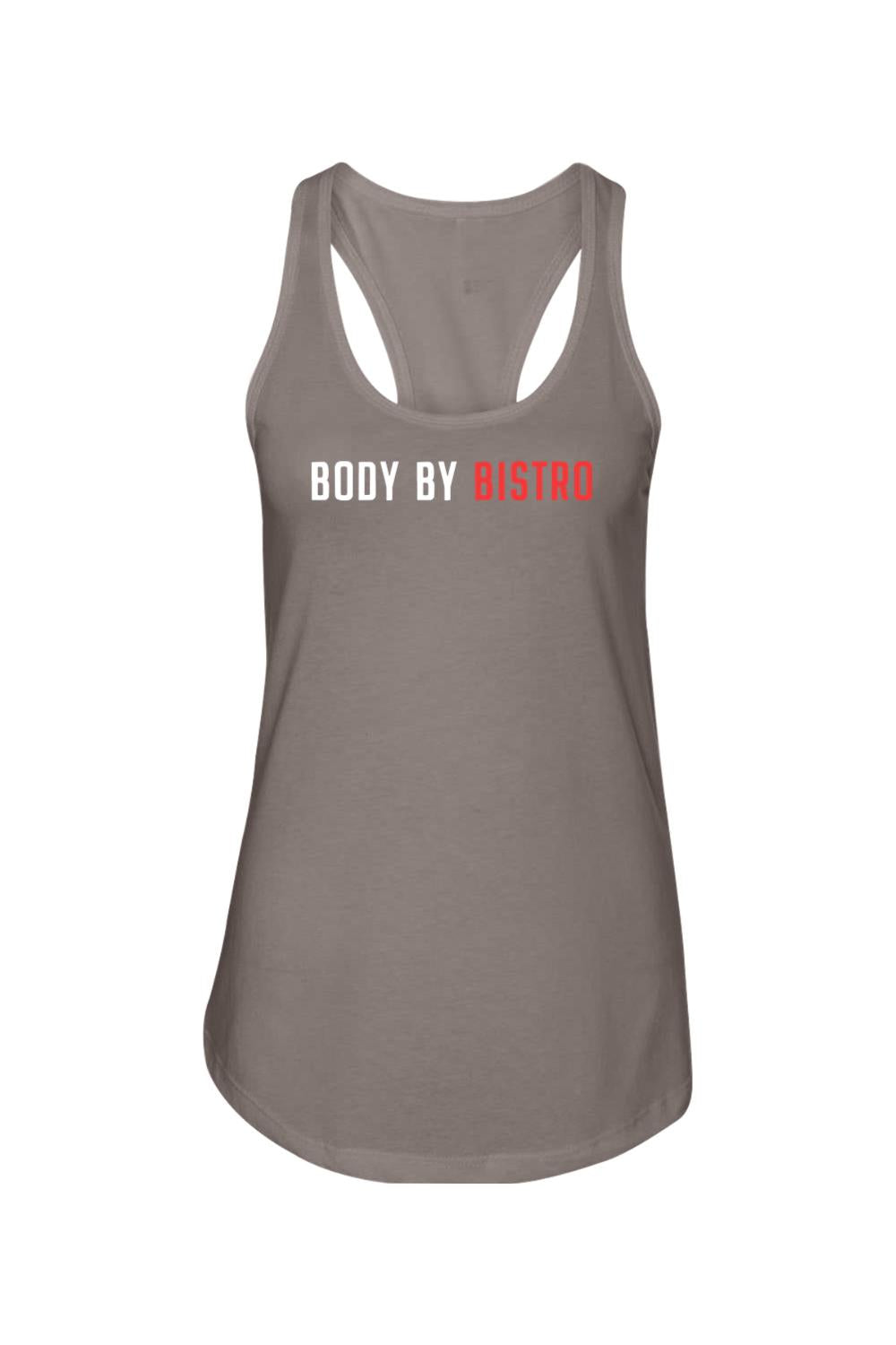 Grey racerback tank top with Body by Bistro logo in white and red text, made from soft cotton-poly blend.