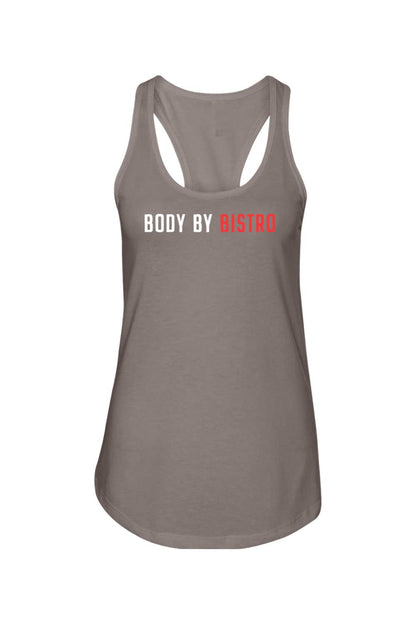 Grey racerback tank top with Body by Bistro logo in white and red text, made from soft cotton-poly blend.