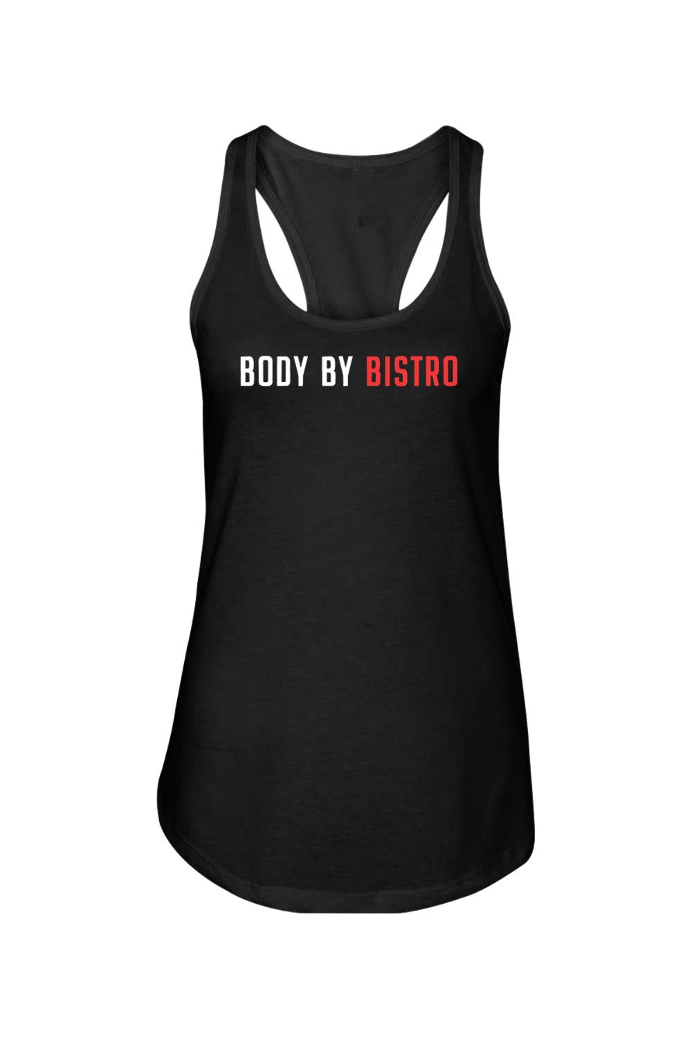 Black women's racerback tank top featuring white and red Body by Bistro text in a soft cotton-poly blend.