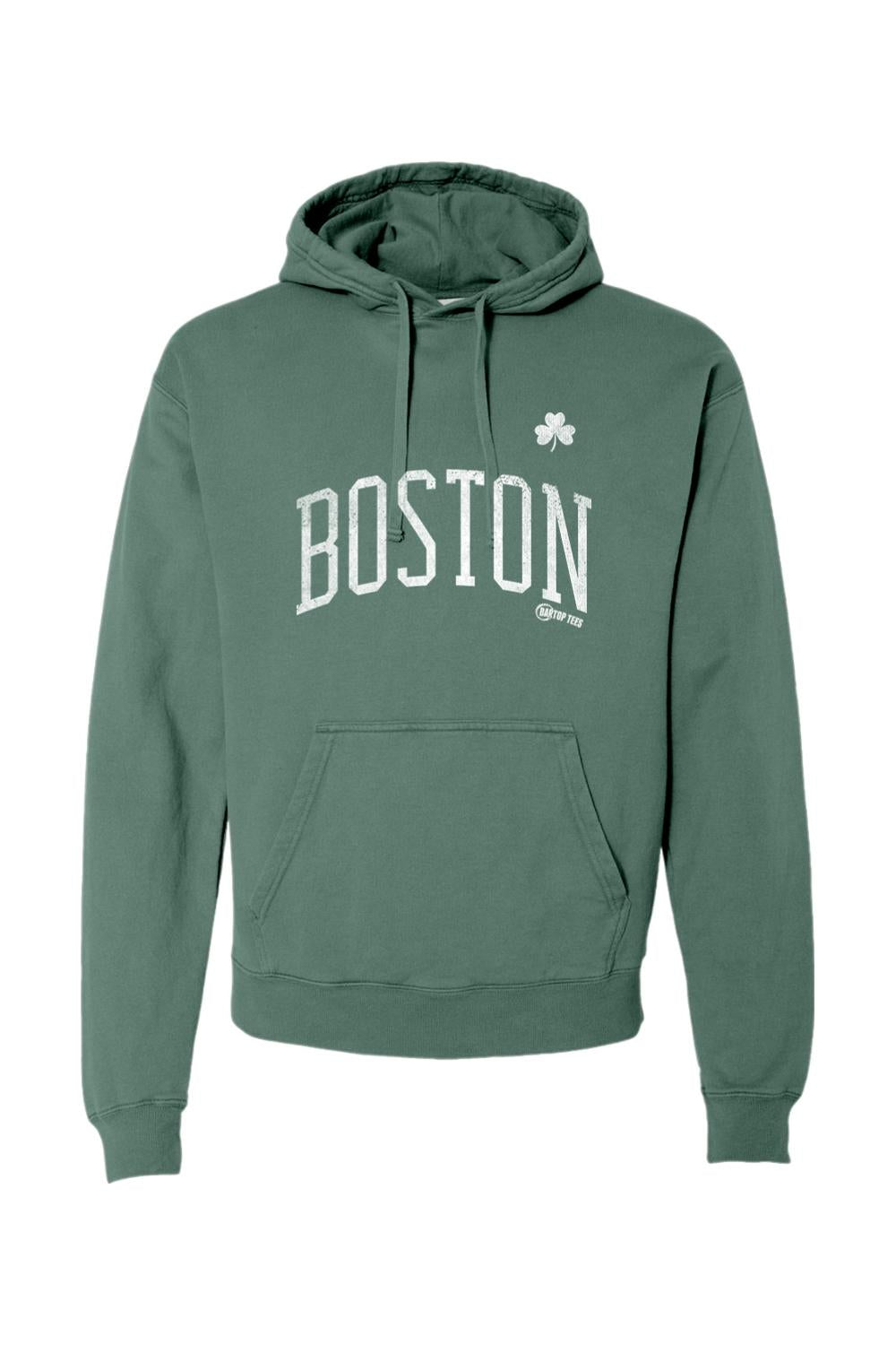 Men's pigment-dyed clover green hooded sweatshirt featuring white Boston text and a small shamrock graphic.