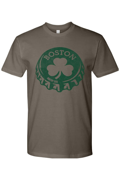 Grey cotton t-shirt featuring a green Boston bottle cap graphic with a shamrock design on the chest.