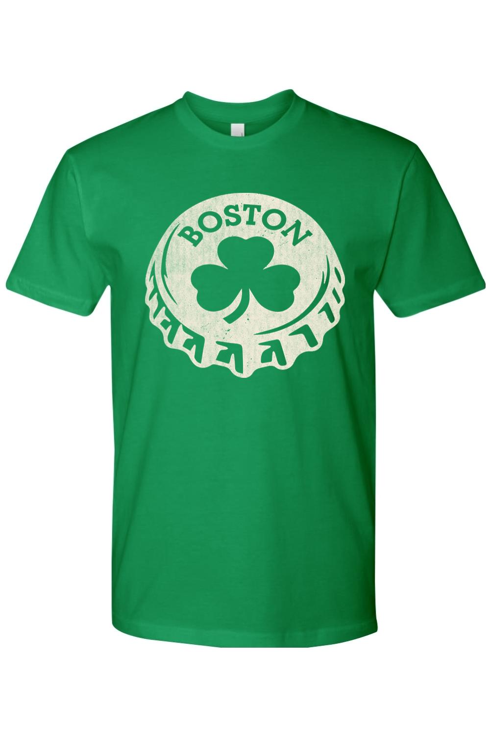 Green cotton t-shirt featuring a white Boston bottle cap graphic with a shamrock design on the front.