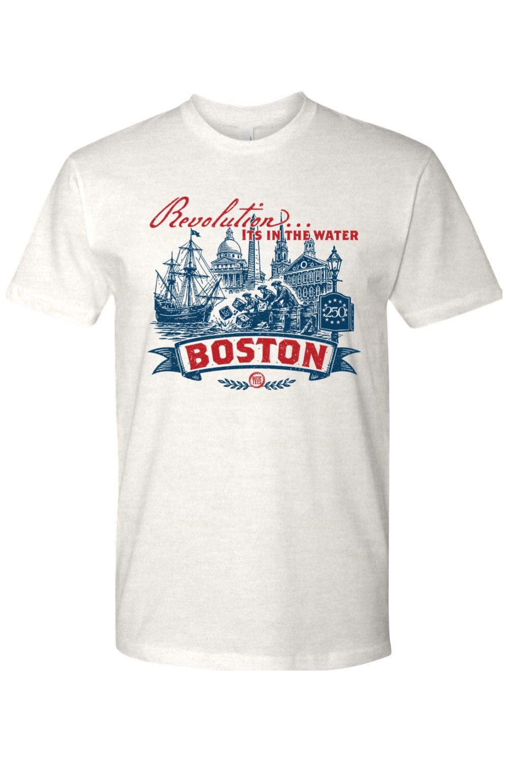 White cotton men's t-shirt featuring a red and blue Boston Tea Party graphic with skyline and ship illustrations.