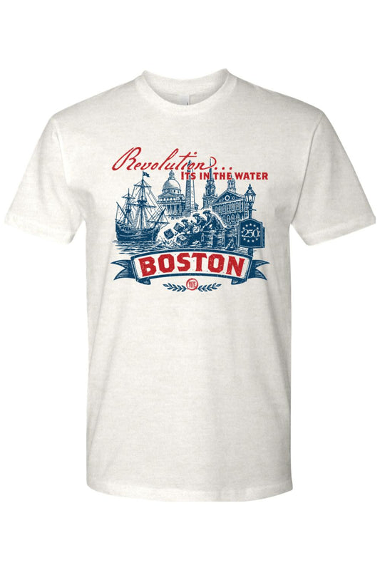 White cotton men's t-shirt featuring a red and blue Boston Tea Party graphic with skyline and ship illustrations.