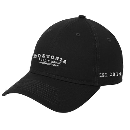 Black unstructured cotton cap with white Bostonia Public House embroidery and a precurved visor.
