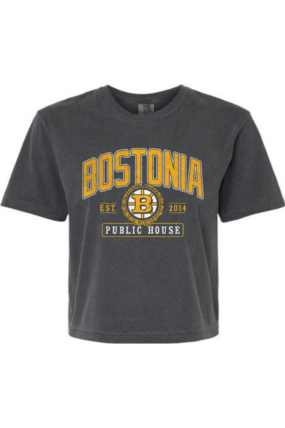 Black Comfort Colors boxy women's t-shirt featuring a gold Bostonia Public House graphic print.