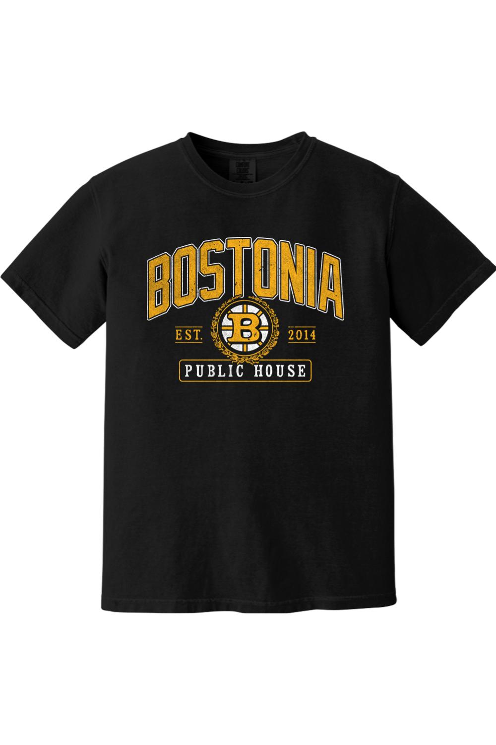 Black Comfort Colors t-shirt with gold and white Bostonia Public House hockey-style graphic print.