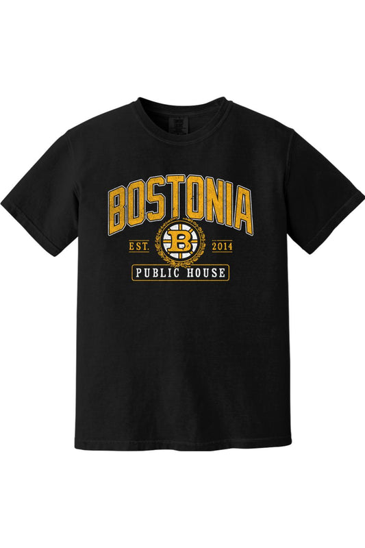 Black Comfort Colors t-shirt with gold and white Bostonia Public House hockey-style graphic print.