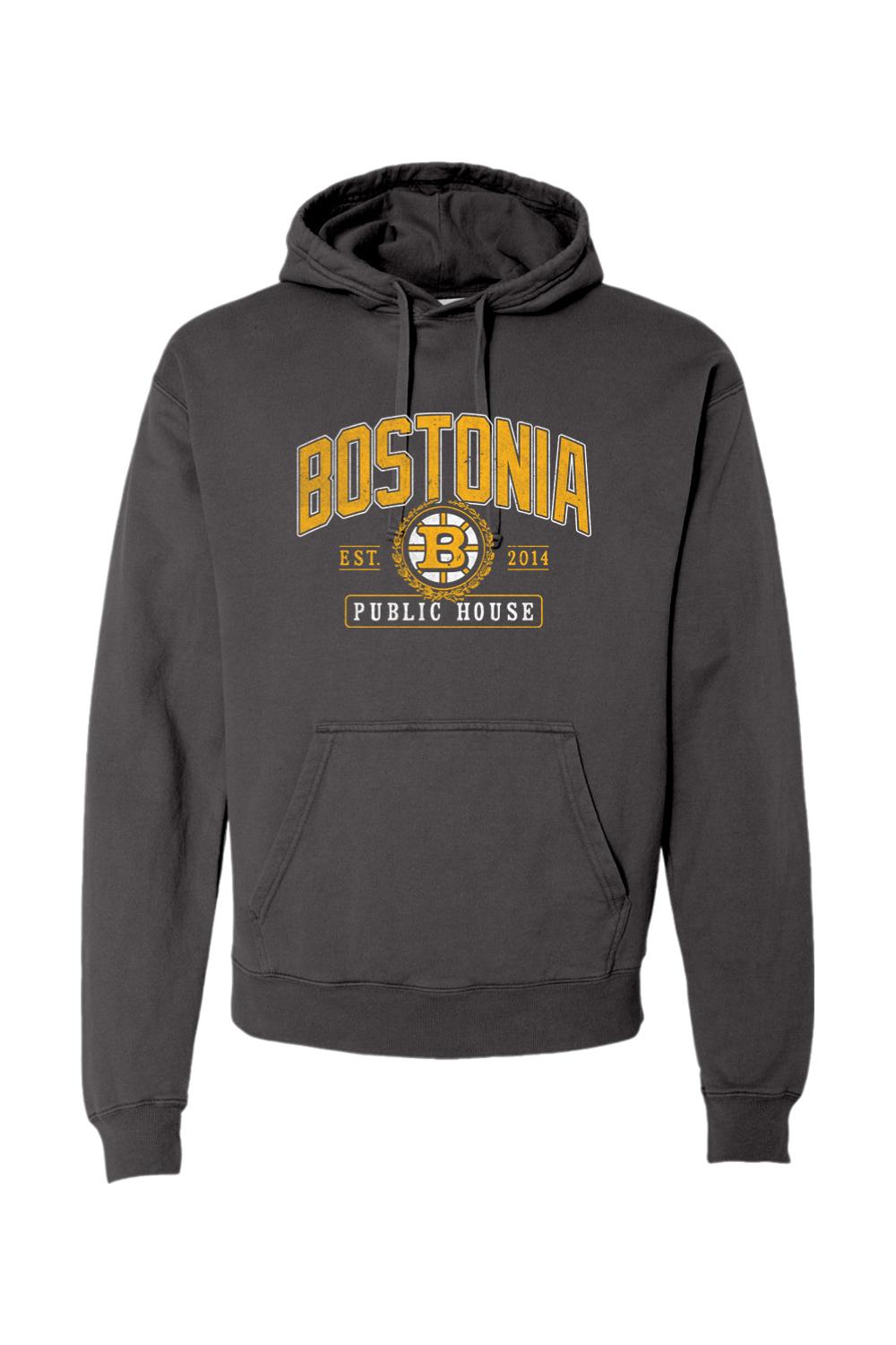 Black garment-dyed hoodie with Bostonia Public House gold and white graphic print, featuring a front kangaroo pocket.