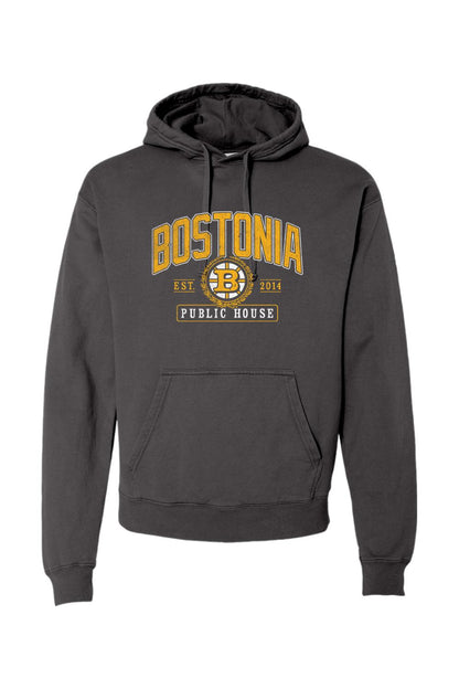 Black garment-dyed hoodie with Bostonia Public House gold and white graphic print, featuring a front kangaroo pocket.