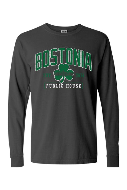 Charcoal grey Comfort Colors long sleeve t-shirt featuring a green Bostonia Public House clover graphic.