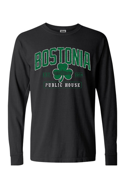 Black Comfort Colors long sleeve t-shirt featuring a green Bostonia Public House clover graphic on the chest.