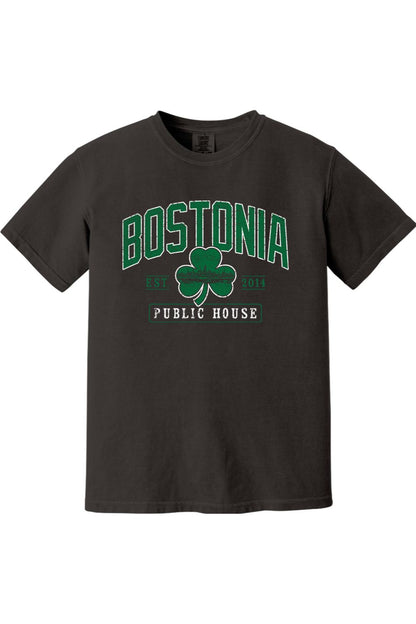 Charcoal grey Comfort Colors cotton t-shirt featuring a green Bostonia Public House clover graphic print.