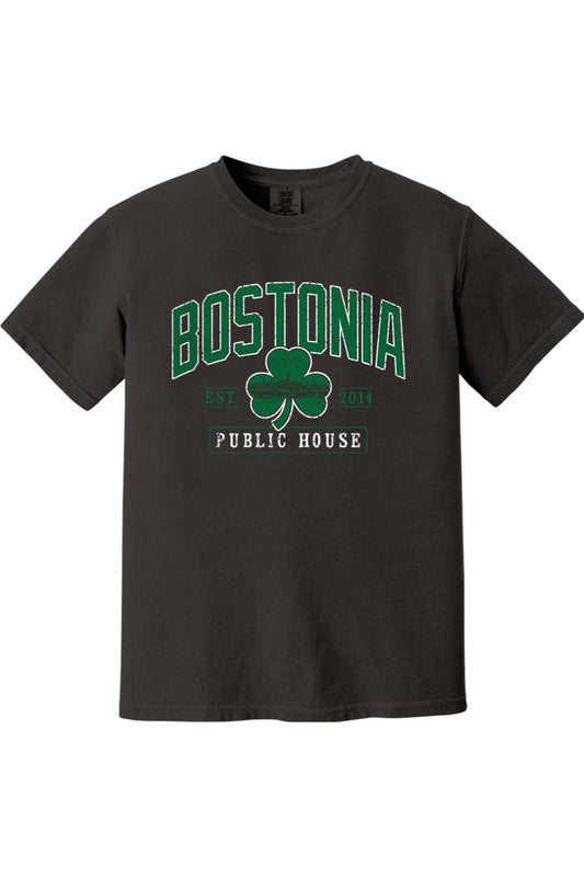 Charcoal grey Comfort Colors cotton t-shirt featuring a green Bostonia Public House clover graphic print.