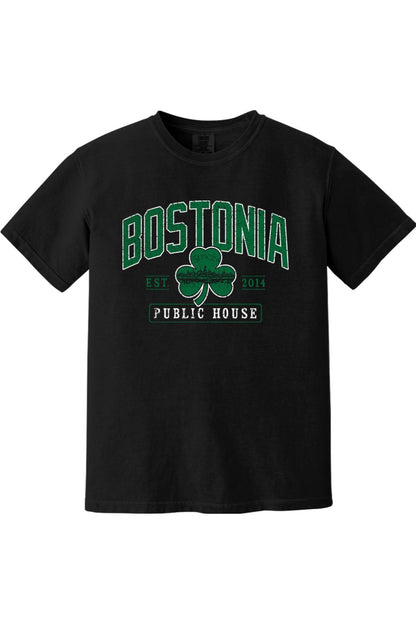 Black Comfort Colors cotton t-shirt featuring a green Bostonia Public House clover graphic on the chest.