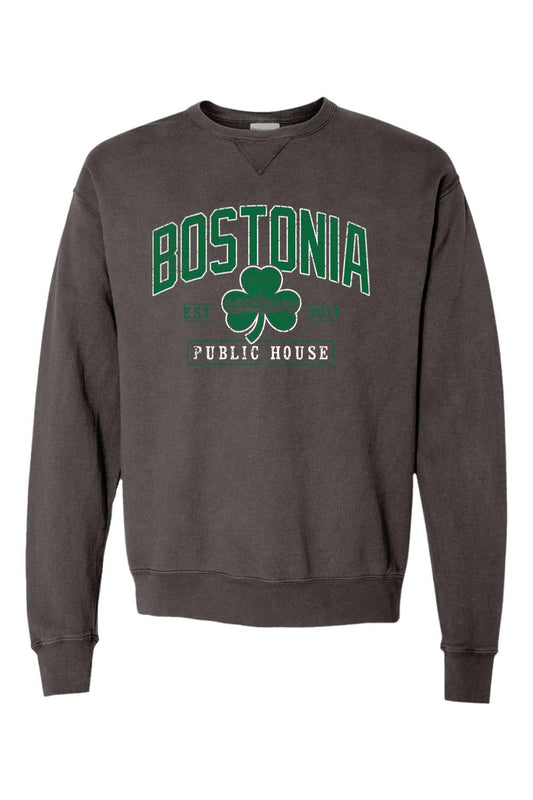 Vintage-washed charcoal crewneck sweatshirt with Bostonia Public House clover graphic in green and white.