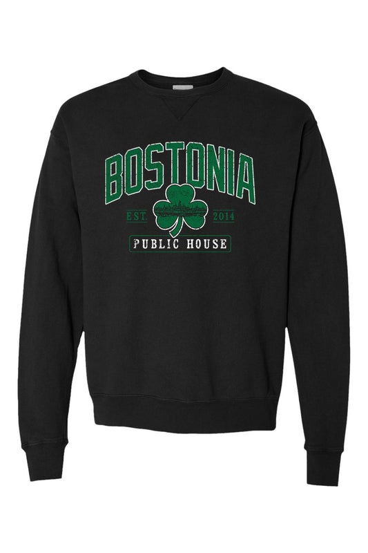 Black garment-dyed crewneck sweatshirt featuring a vintage Bostonia Public House clover graphic in green and white.