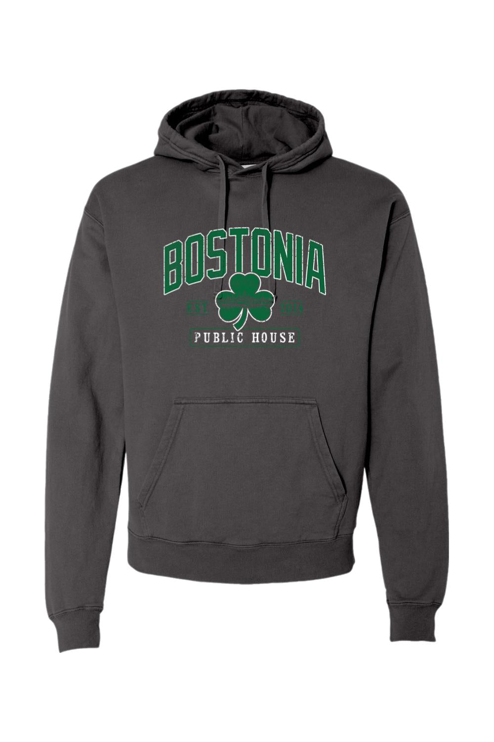 Charcoal grey garment-dyed hoodie with Bostonia Public House clover graphic in green and white.