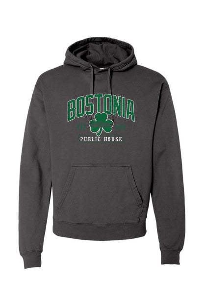 Charcoal grey garment-dyed hoodie with Bostonia Public House clover graphic in green and white.